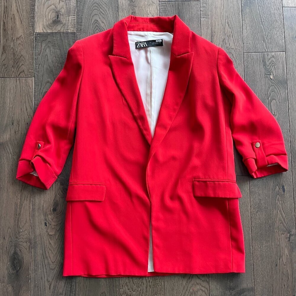 Zara Longline Open Front Blazer Red Orange 3/4 Sleeve Size S Workwear